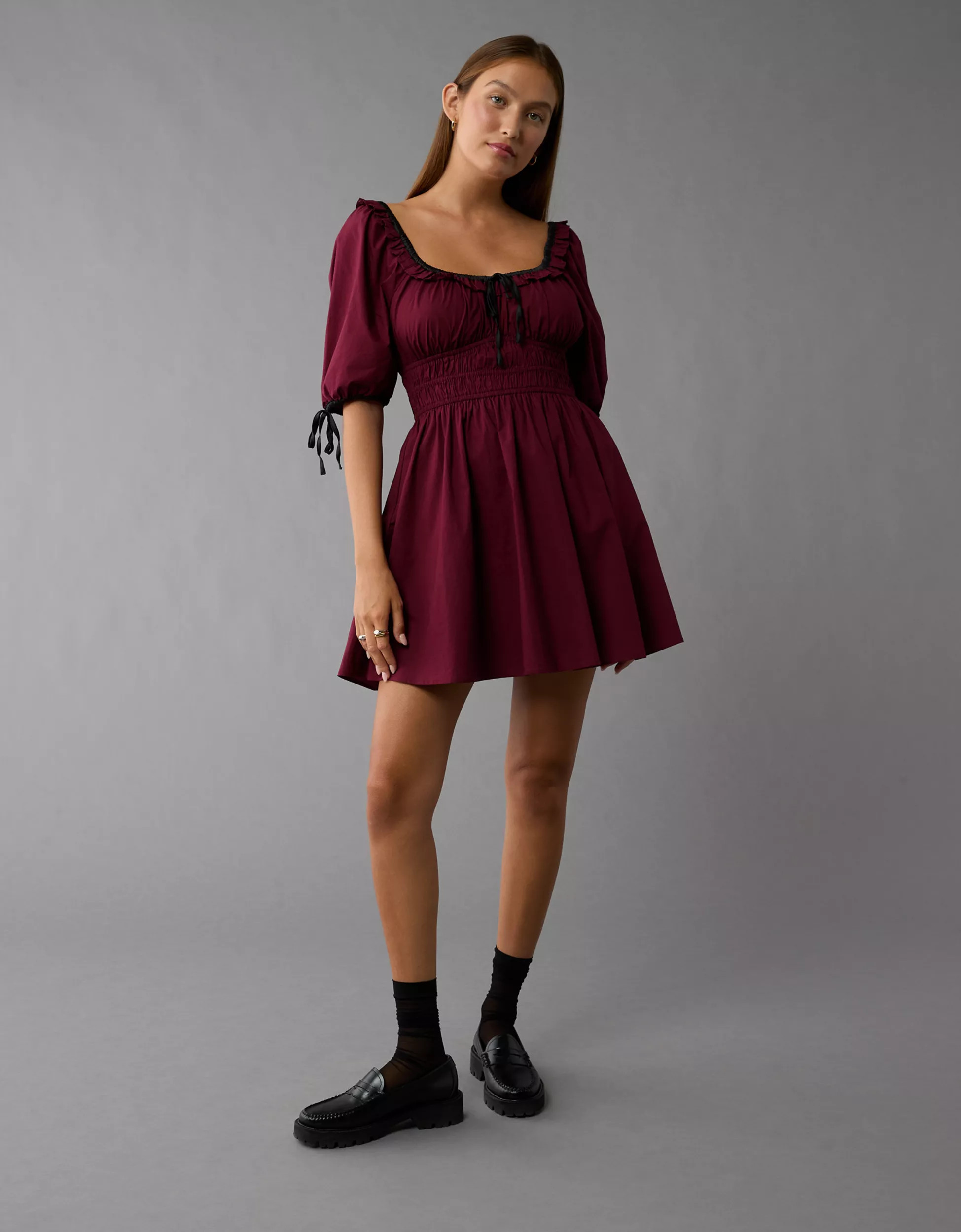 AE Ruched Bodice Puff Sleeve Mini Dress | American Eagle Outfitters (US & CA)