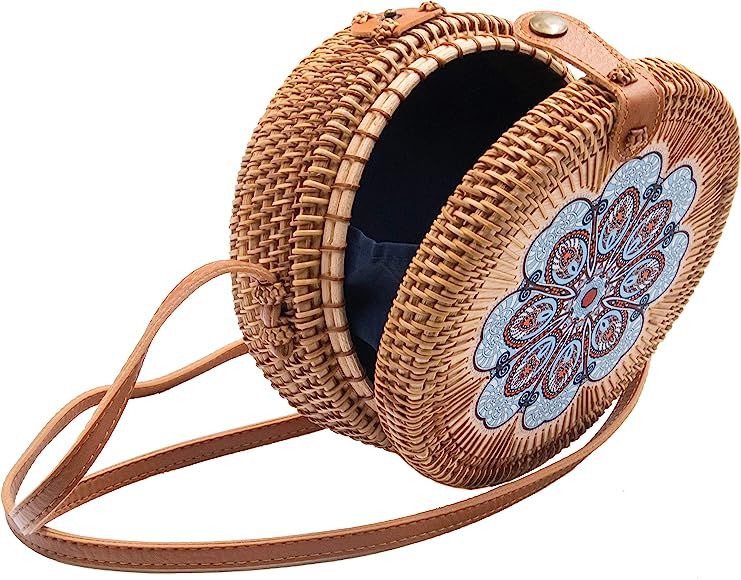 Women Round Rattan Handwoven Crossbody and Shoulder Bag Handmade Straw Purse with Leather Straps ... | Amazon (US)