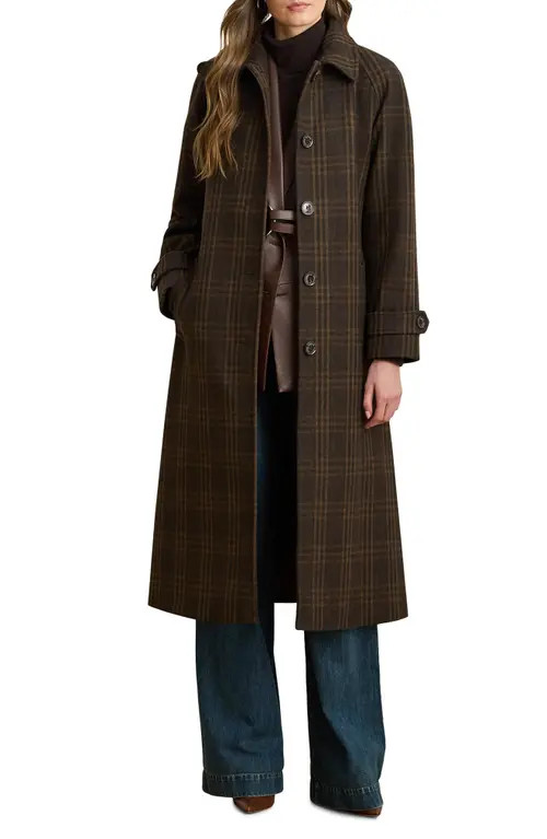 Lauren Ralph Lauren Windowpane Plaid Wool Blend Trench Coat in Brown Plaid at Nordstrom, Size 0 | Nordstrom