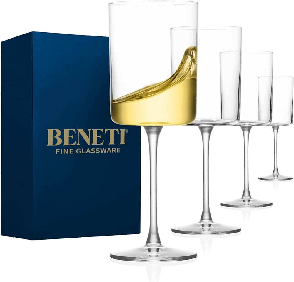 BENETI Large Square Wine Glass Set of 4-11 Oz European-Made Hand Blown Glass White Wine Goblets w... | Amazon (US)