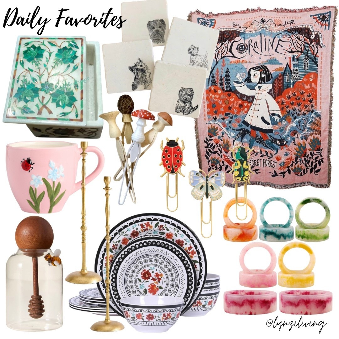 Daily Favorites

Spring decor 2026, spring home decor 2026, floral home decor, floral trinket box, marble trinket box, green trinket box, spring mug, ladybug mug, pink mug, honey jar, gold taper candle holders, brass taper candle holders, floral dinnerware, dinnerware set, resin napkin rings, colorful napkin rings, colorful paper clips, insect paper clips, butterfly paper clip, beetle paper clip, ladybug paper clip, Coraline throw blanket, Westie coasters, West Highland white terrier coasters, mushroom bookmark

#LTKSeasonal #LTKHome #LTKFindsUnder100