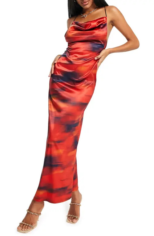 ASOS DESIGN Smudge Print Cowl Neck Satin Maxi Dress in Red Multi at Nordstrom, Size 8 Us | Nordstrom
