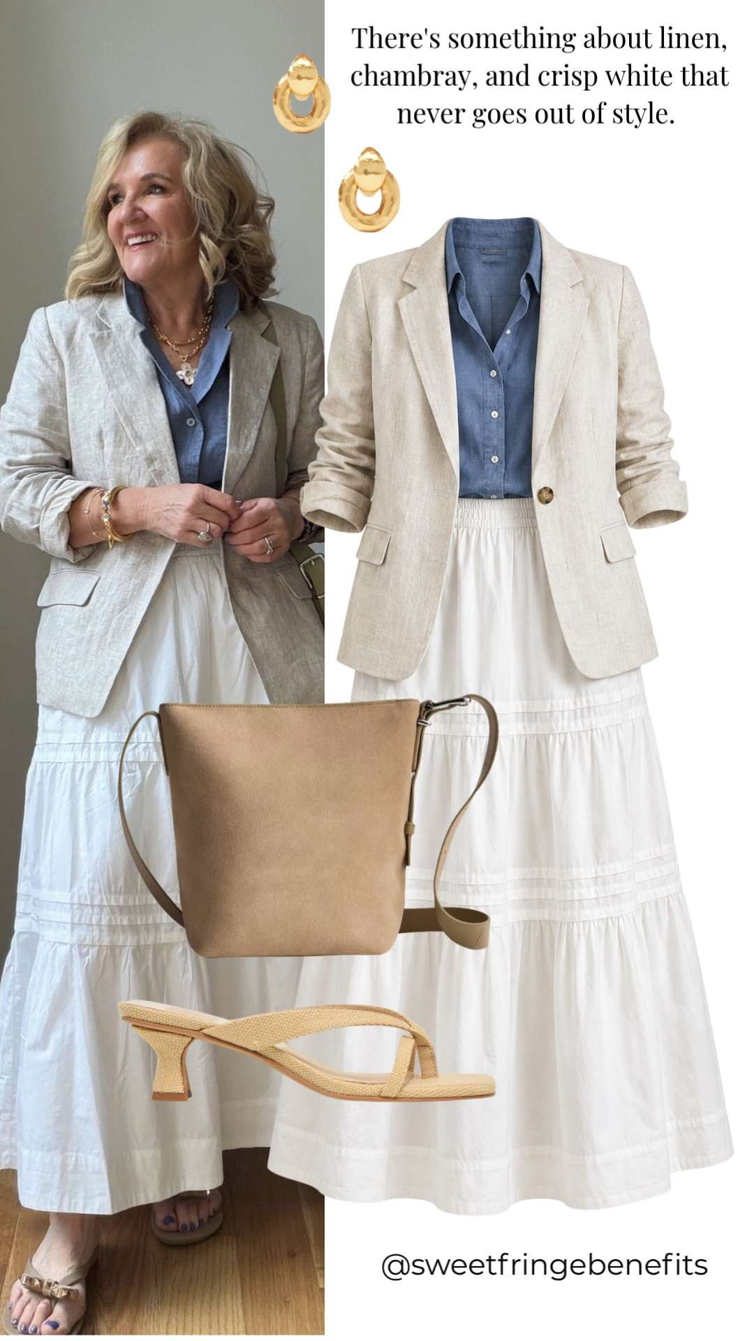 This neutral linen blazer is the perfect layering piece for an elevated everyday wardrobe. Styled with a chambray button-down, a flowy white maxi skirt, and neutral accessories, this timeless look works beautifully for work, travel, or lunch with friends.

💡 LTK MADE EASY

❤️ Heart = Support my posts
🔖 Save = Get sale & restock alerts
📋 Lists = Keep favorites organized
📲 Share = Send to yourself for later
💬 Comment = Ask me anything 

 #LTKootd #LTKSeasonal #LTKOver40
