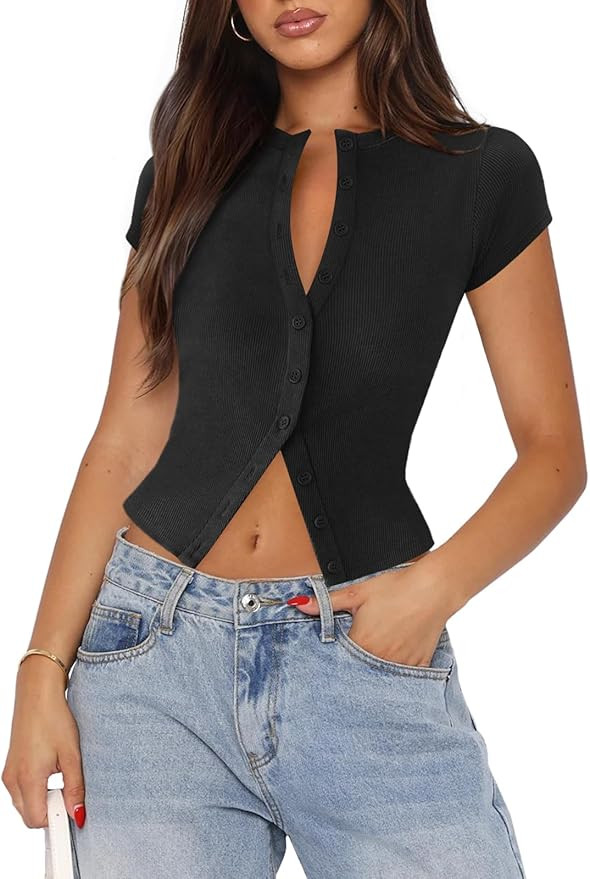 Women's Button Down Shirt Cap Sleeve Tops for Women Button Up Ribbed Knit Slim Fit Casual Y2K Cro... | Amazon (US)