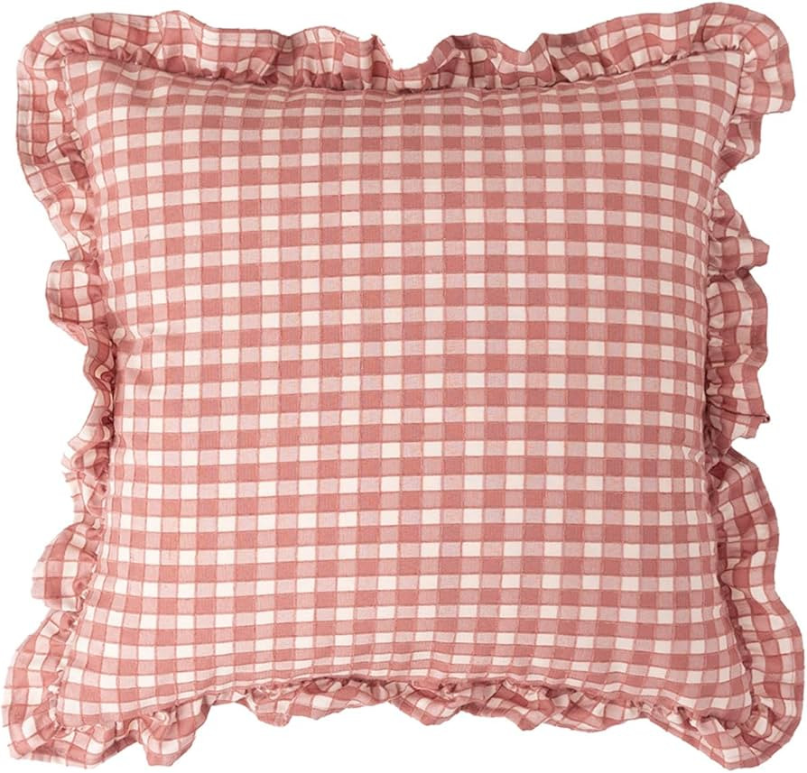 vctops Plaid Ruffle Throw Pillow Cover Farmhouse Pink and White Checkered Pillowcase Shabby Chic ... | Amazon (US)
