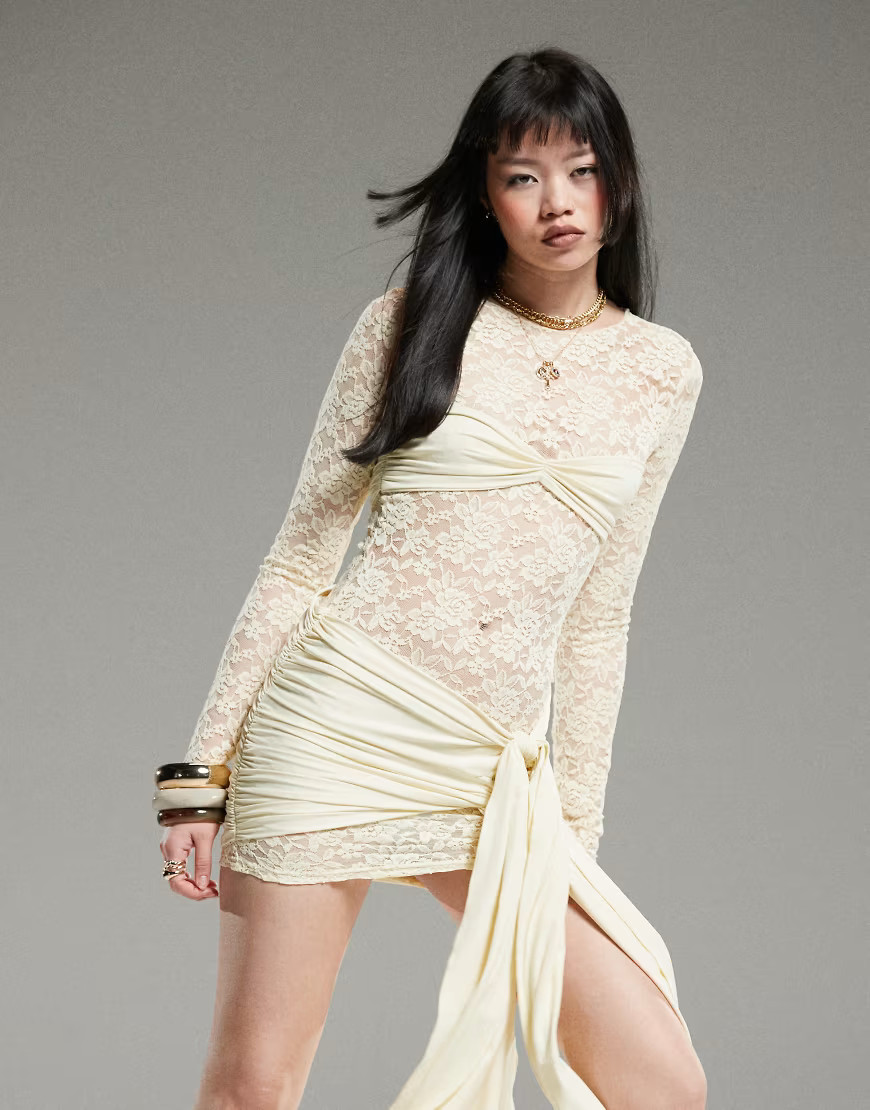 Lioness long sleeve drape tie skirt detail lace mini dress in butter yellow | ASOS (Global)