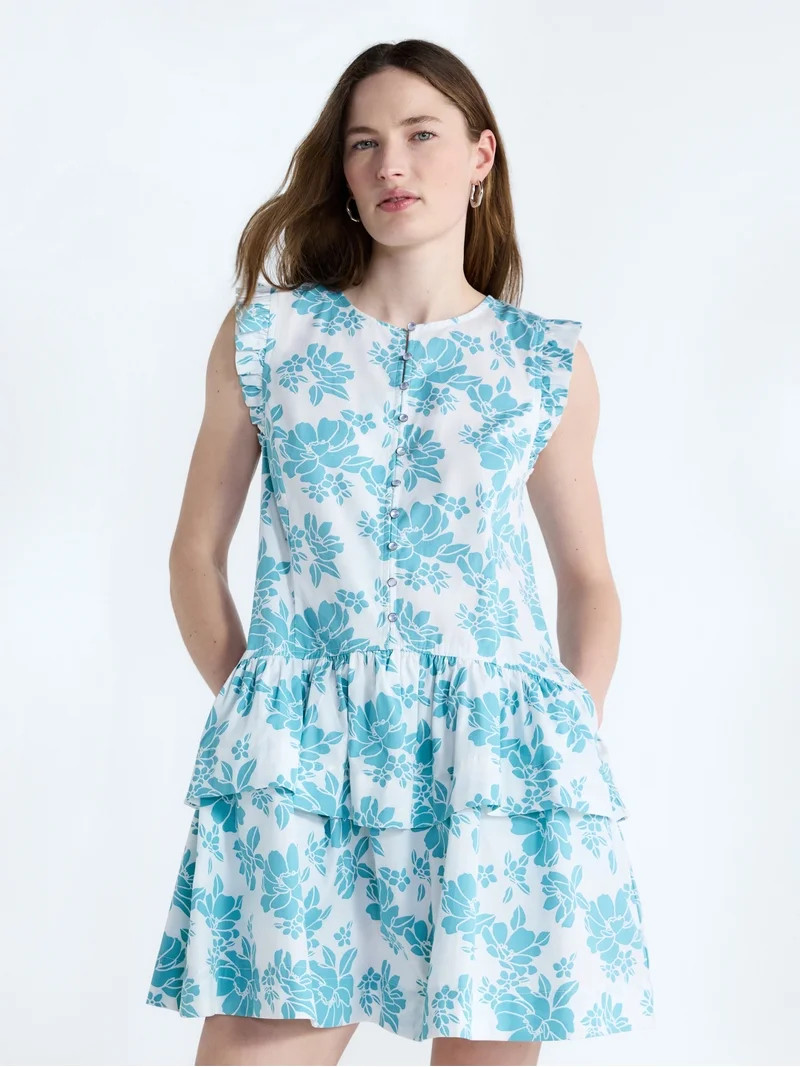 Free Assembly Women's Button Front Cotton Mini Dress with Flutter Sleeves, Sizes XS-XXL | Walmart (US)