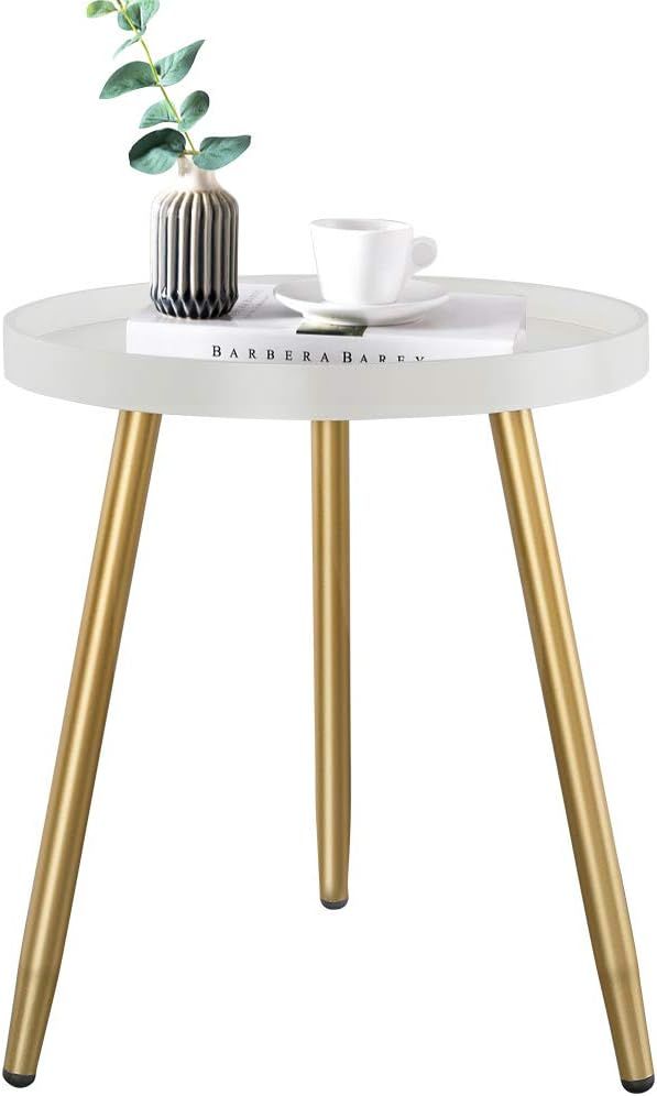 Round Side Table, Wooden Tray Table with Metal Tripod Stand, 3 Gold Legged White Table, Accent Ta... | Amazon (US)