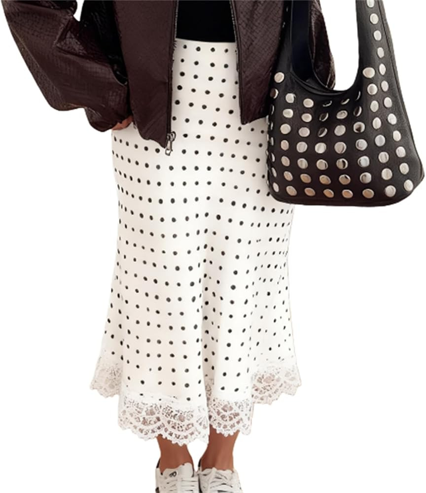 Women Polka Dots Lace Satin Maxi Skirt Lace Trim Silk Half Slip Skirt Stylish Long Underskirt Par... | Amazon (US)