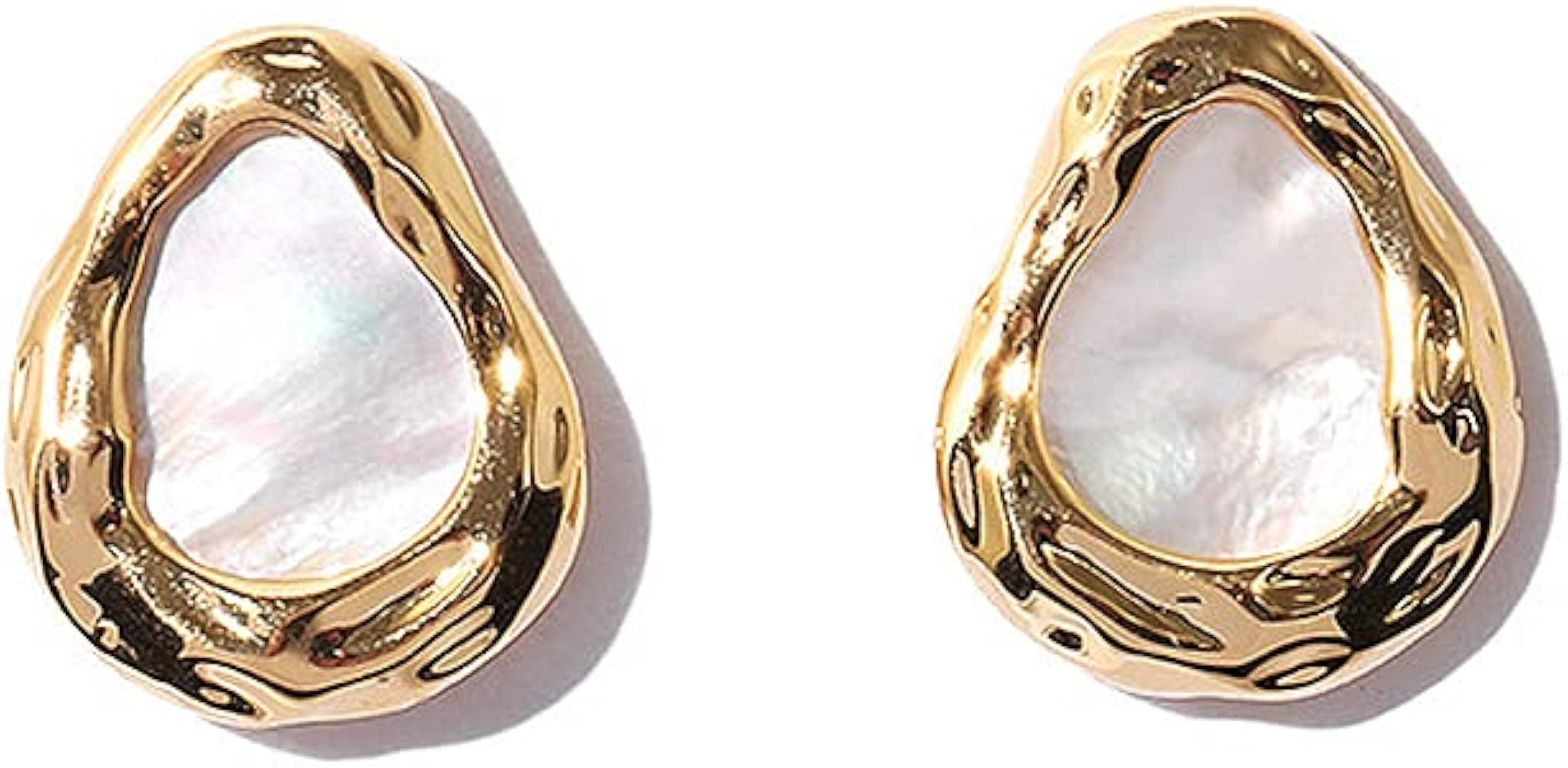 Real Gold Plated Brass Stud Earrings Simple Teardrop Shape Freshwater Shell Stud Earrings for Wom... | Amazon (US)