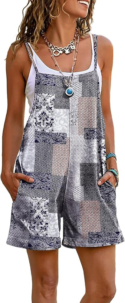 YESNO Women Summer Casual Loose Rompers Sleeveless Boho Floral Spaghetti Straps Shorts Overalls J... | Amazon (US)