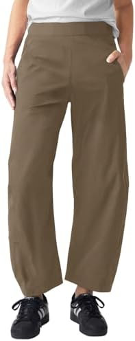 Womens Elastic Waist Ankle Pants Baggy Curved Tapered Leg Barrel Travel Pants with Pockets | Amazon (US)