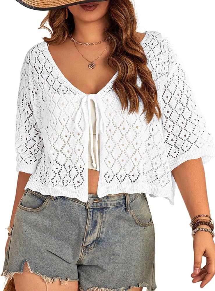 Women's Plus Size Crochet Cardigan Crop Short Sleeves Tie Front Lightweight Knitwear | Amazon (US)