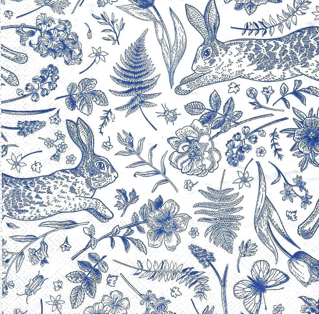 Decoupage Napkins Bunnies Rabbits & Florals in Blue and White Toile, Two Individual  Full Banquet... | Etsy (US)