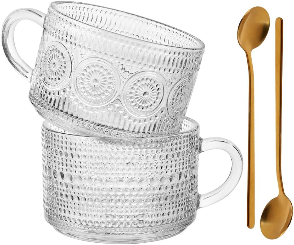 BTGLLAS 400ML Vintage Coffee Mugs With Metal Spoon Glass Coffee Cup 13 Oz Set of 2 Clear Embossed... | Amazon (US)