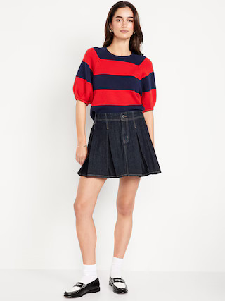 Mid-Rise Pleated Jean Mini Skirt | Old Navy (US)