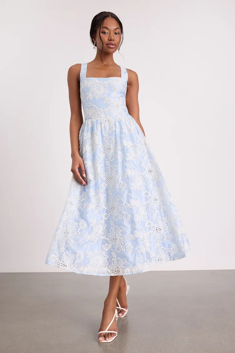 Noble Light Blue Eyelet Embroidered Midi Dress | Lulus