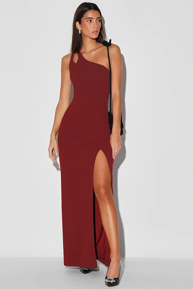 Simply Beautiful Burgundy One-Shoulder Cutout Maxi Dress | Lulus