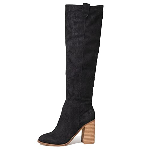 Erocalli Black Knee-High Boots Suede Boots Fall Boot For Women Chunky Block High Heel Slouchy Boot Round Toe Side Zipper | Amazon (US)