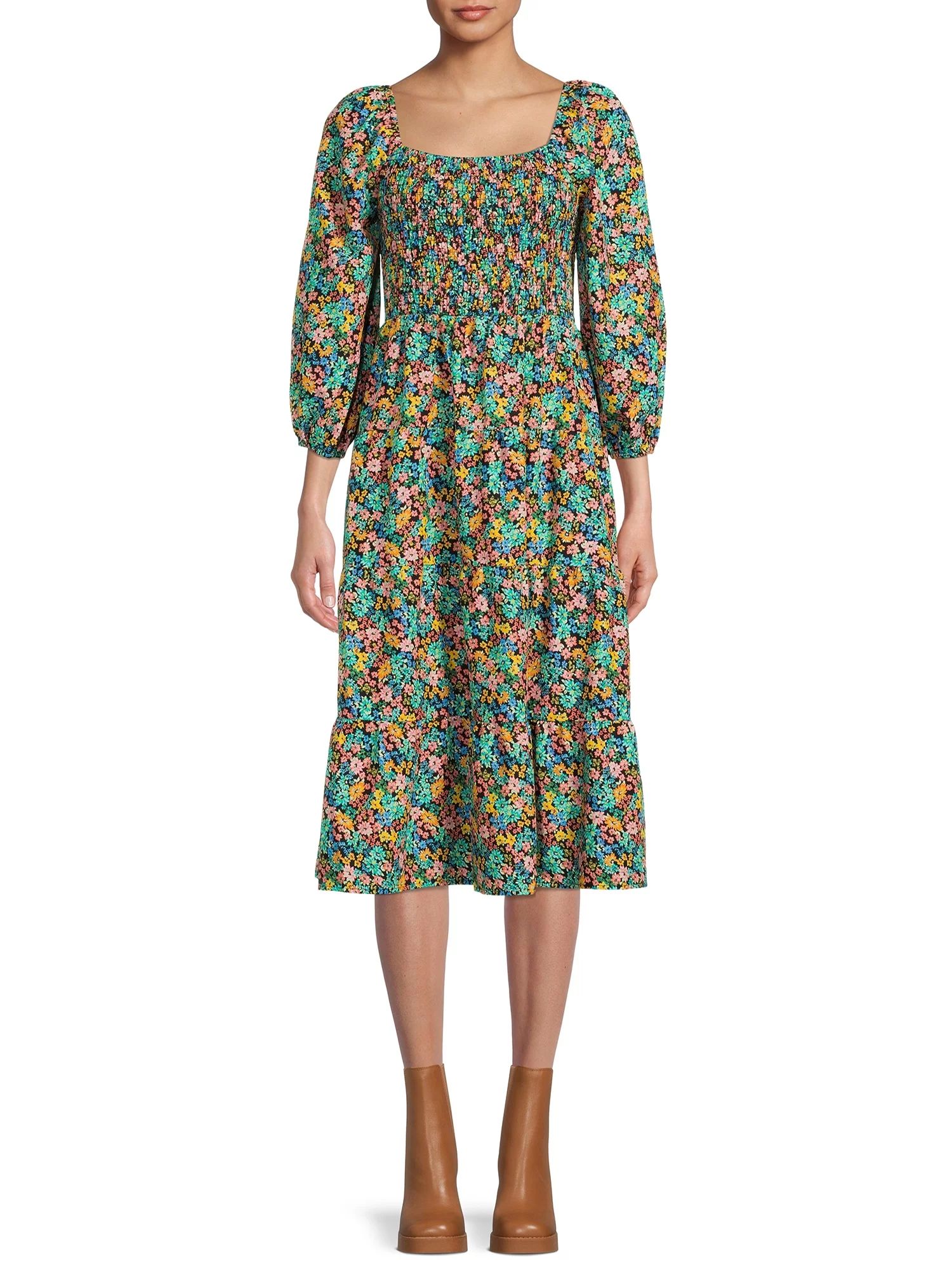 Time and Tru Women's Long Sleeve Smocked Midi Dress, Sizes XS-XXXL | Walmart (US)
