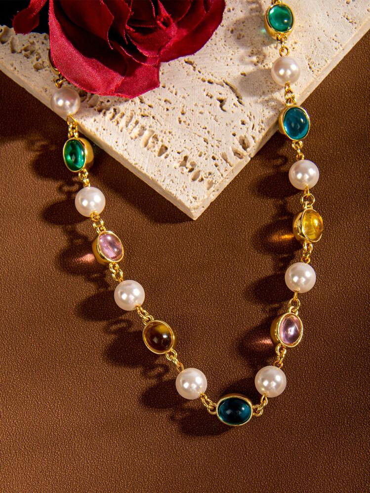 1pc European And American Fashion High-End Colored Glass Pearl Necklace Suitable For Daily Wear A... | SHEIN