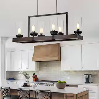 FIRHOT 6-Light Walnut Rectangular Farmhouse Chandelier Fixture for Kitchen Island Dining Room wit... | The Home Depot