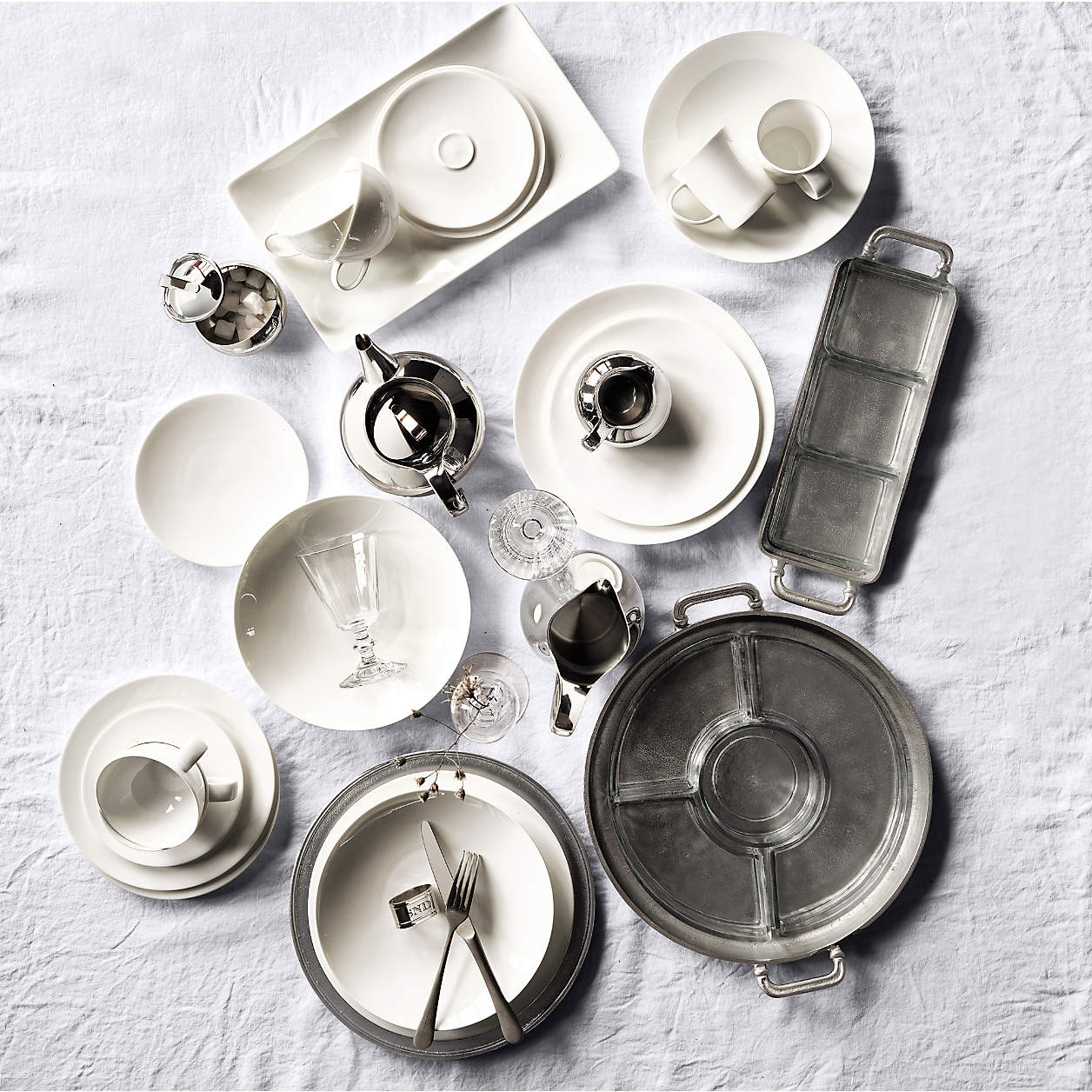 Argento Antique Metal Rectangular Tray with Divided Glass Bowls | Crate & Barrel | Crate & Barrel