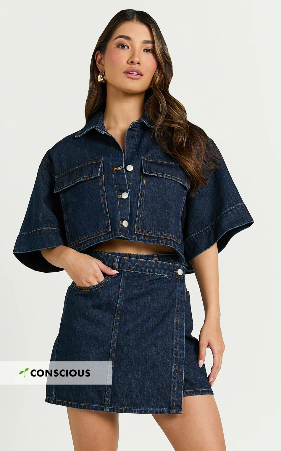 Katherine Top - Crop Button Down Collared Recycled Denim Short Sleeve Top in Dark Blue Wash | Showpo (US, UK & Europe)