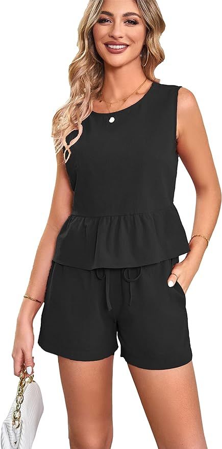 Zontroldy 2 Piece Outfits Sets for Women Summer Sleeveless Tank Crop Tops High Waisted Shorts Lou... | Amazon (US)