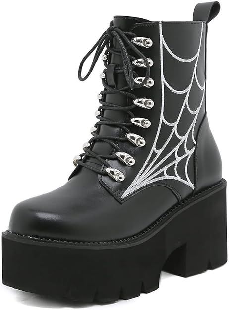 mikarka Women's Chain Platform Boots Lace Up & Zipper Chunky Heel Black Combat Ankle Booties Fash... | Amazon (US)