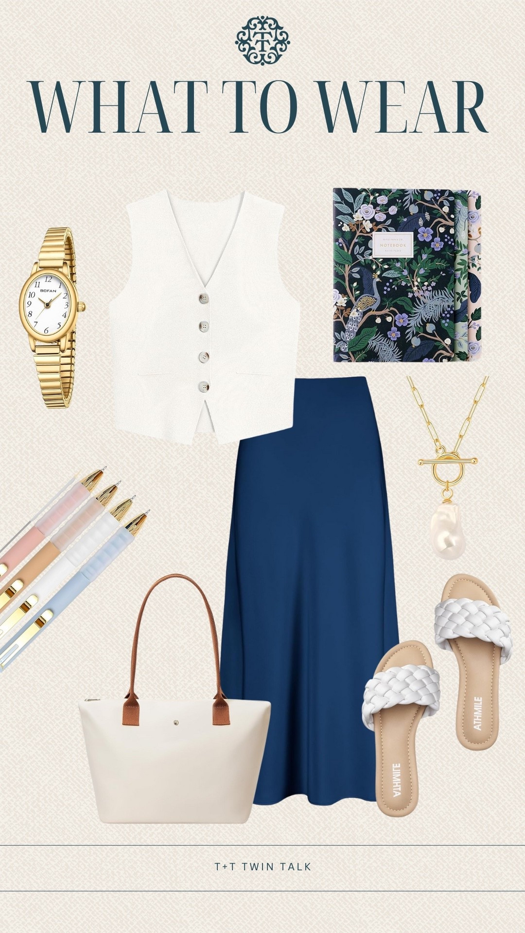 Teacher outfit inspiration for back to school! A navy skirt and white button down vest from Amazon. Accessorize with a pearl drop necklace and gold watch. This outfit is under $100!

#LTKFindsUnder100 #LTKSeasonal #LTKOver40