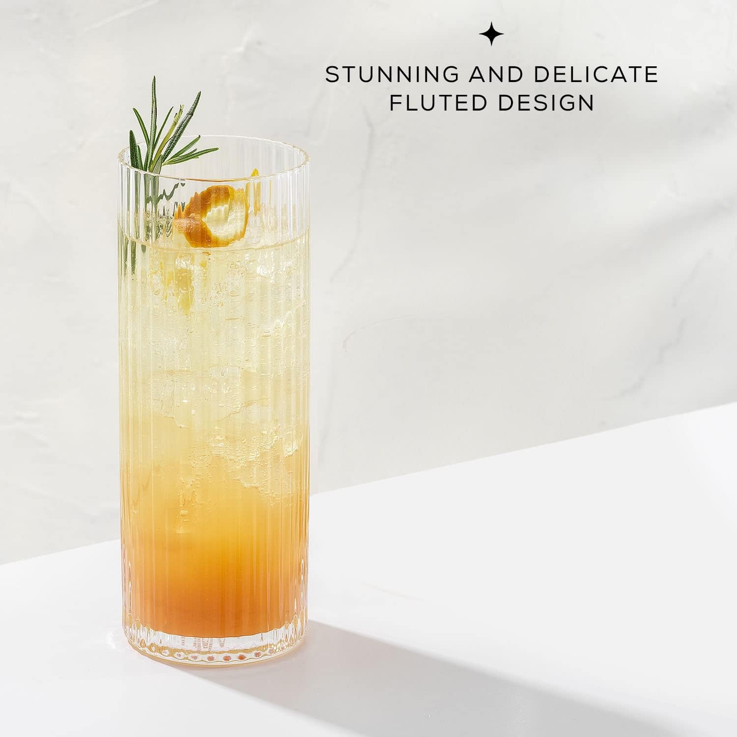 JoyJolt Fluted Highball Glasses – ELLE 16oz Tall Drinking Glasses. 2 Ribbed Highball Glasses. G... | Amazon (US)