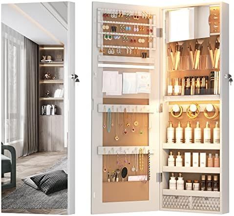 Amazon.com: Vlsrka 3 LED Lights Jewelry Cabinet with Full-Length Mirror, Door Hanging/Wall Mounte... | Amazon (US)