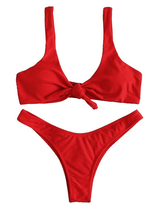 SweatyRocks Women's Sexy Bikini Swimsuit Plaid Print Tie Knot Front Thong Bottom Swimwear Set | Amazon (US)