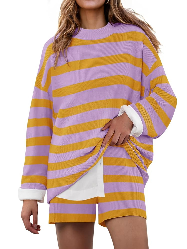 ZESICA Striped Lounge Sets for Women Fall 2025 2 Piece Oversized Outfits Long Sleeve Tops and Sho... | Amazon (US)