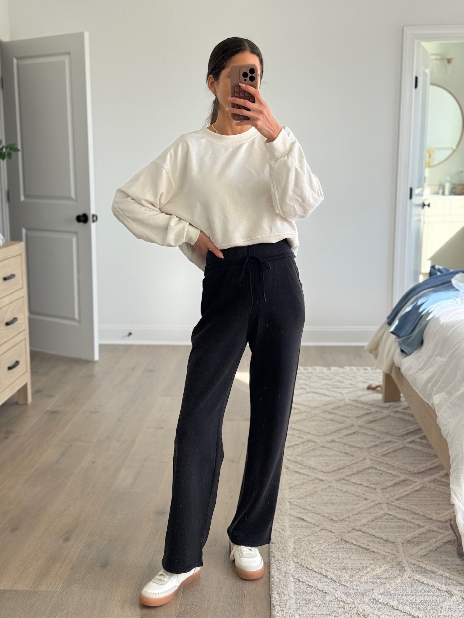 Easy everyday outfit that looks put together but feels like loungewear. Cropped sweatshirt with a relaxed fit, soft wide-leg pants with a comfortable drawstring waist, and classic low-profile sneakers. Perfect for school drop-off, errands, travel days, or working from home while still feeling polished. These neutral staples are easy to mix and match and work year-round.

Casual outfit, everyday outfit, neutral outfit, comfy outfit, athleisure style, wide leg pants, lounge pants, cropped sweatshirt, minimalist style, casual mom outfit, travel outfit, work from home outfit, affordable fashion, capsule wardrobe basics

#LTKSeasonal #LTKFindsUnder50 #LTKActive