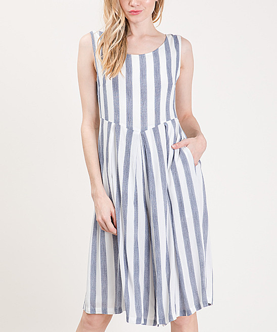 Fashionomics Women's Jumpsuits NAVY - White & Blue Vertical Stripe Pocket Sleeveless Short Jumpsuit  | Zulily
