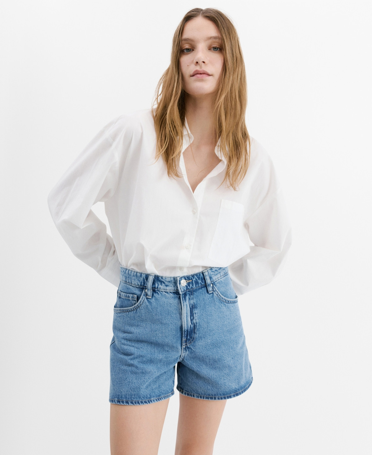 Mango Women's High-Waisted Straight-Fit Denim Shorts - Medium Blue | Macy's