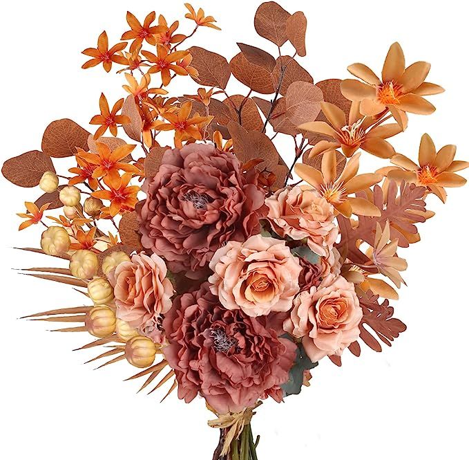 OUBTDK Faux Fall Flowers Bouquet Burnt Orange Artificial Flowers with Eucalyptus Leaves Silk Peon... | Amazon (US)