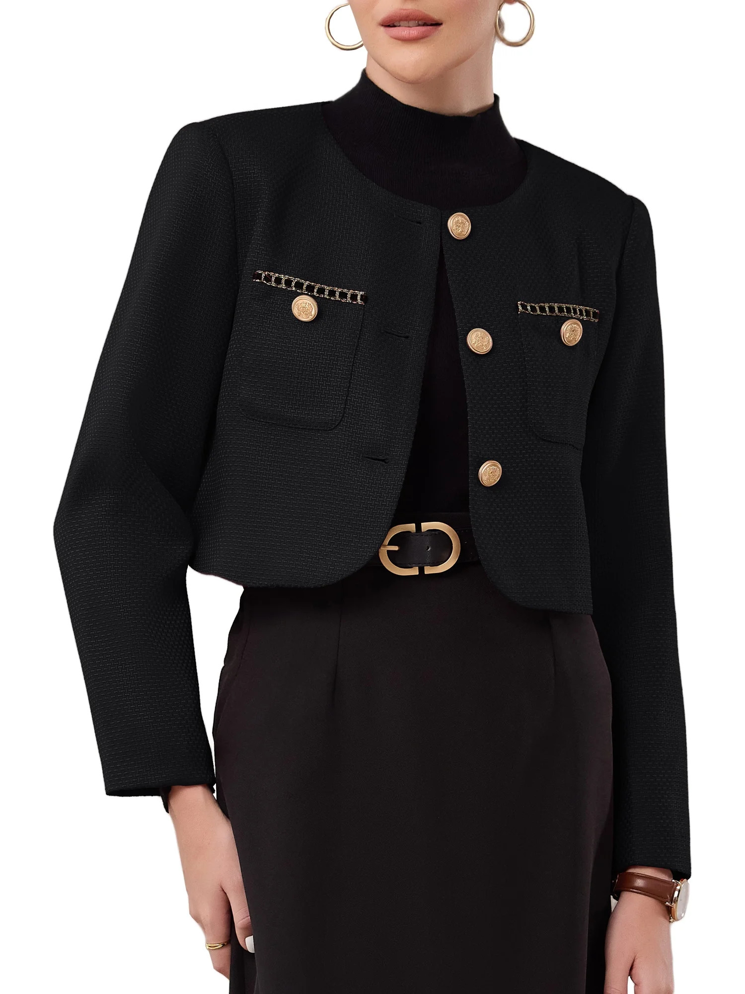 INSPIRE CHIC Women's Tweed Short Jacket Crewneck Button Down Long Sleeve Work Cropped Blazer XL B... | Walmart (US)