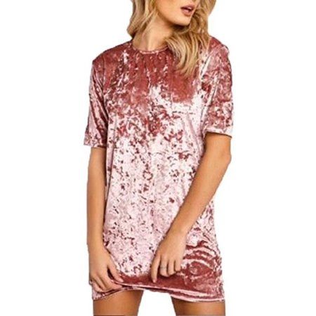 DYMADE Women's Vintage Crew Neck Short Sleeve Velvet T Shirt Mini Dress Pink Size XL | Walmart (US)