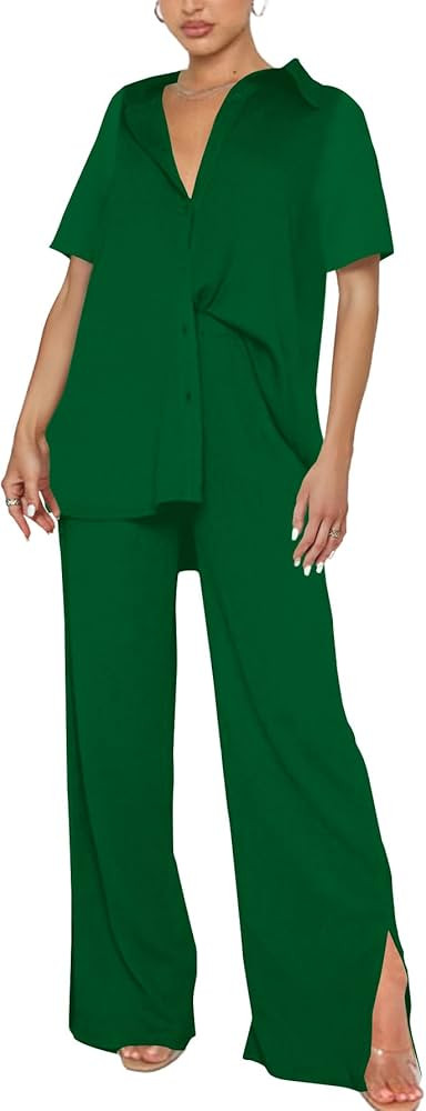 LYANER Women's 2 Piece Outfits Button Down Short Sleeve Shirt and Wide Leg Pants Set | Amazon (US)