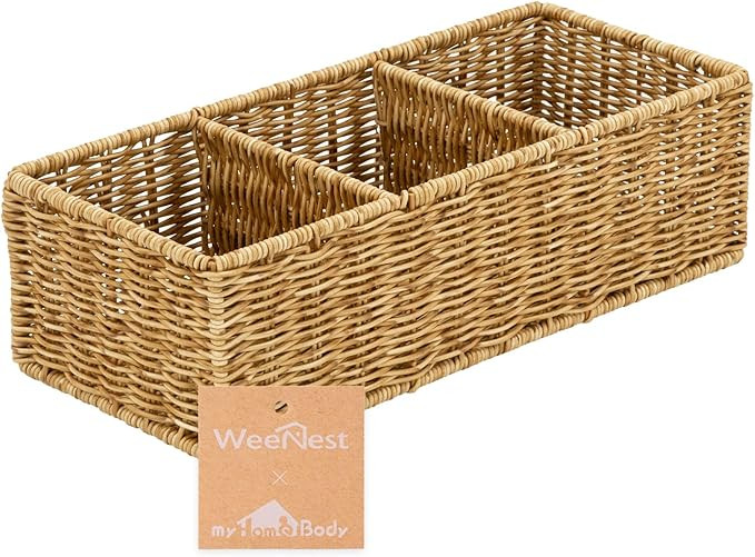 myHomeBody Wicker Basket With 3 Compartments, For Toilet Tank Paper Rolls, Hand Woven Bathroom Co... | Amazon (US)