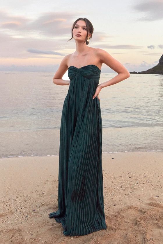 Whimsical Beauty Emerald Green Satin Plisse Strapless Maxi Dress | Lulus