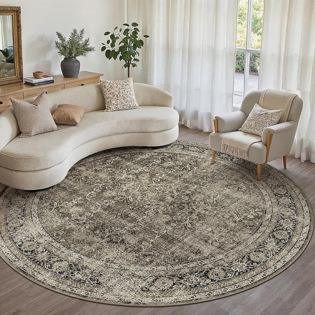 Brown Round Area Rug 6ft Washable 6x6 Circle Vintage Low Pile Indoor Large Kitchen Living Room Ca... | Amazon (US)