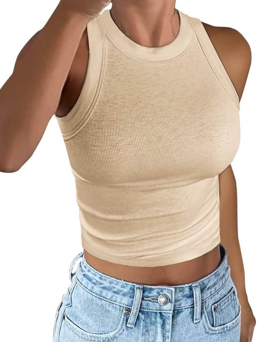 Women's Sleeveless Racerback Tank Top Basic Crewneck Ribbed Knit Fitted Crop/Tunic Tops | Amazon (US)