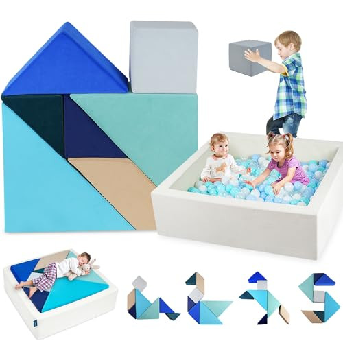 Heypappy Tangram Puzzles Kids Play Couch, 1600+DIY Toddler Modular Couch, 37"x37"x12" Foam Ball Pit, 8PCS Kids Sofa for Playroom Montessori Fort Building | Amazon (US)