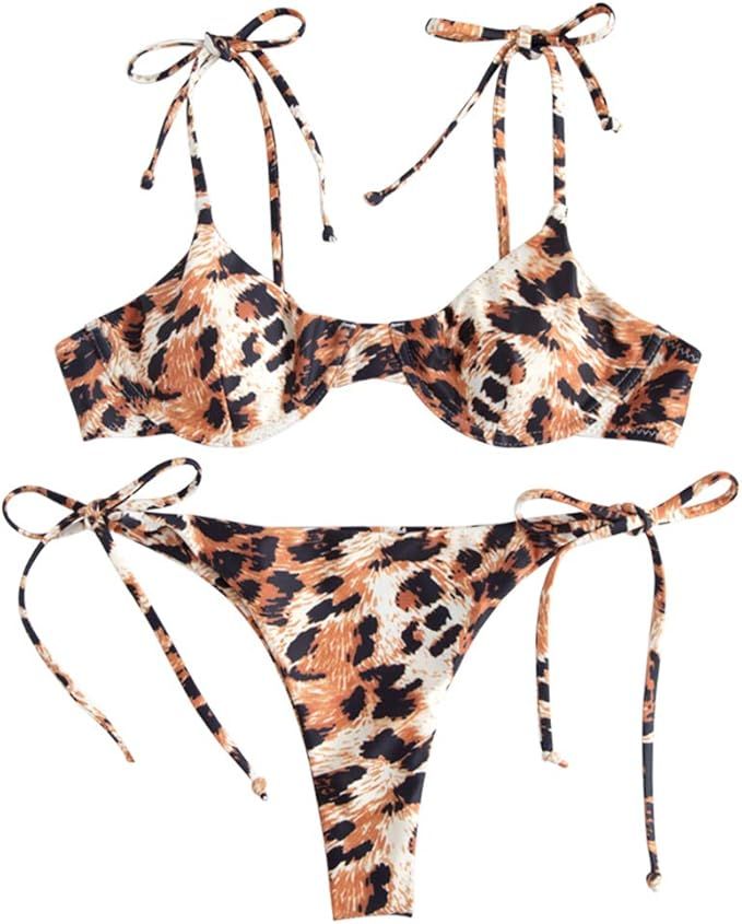 ZAFUL Women's Leopard Print Underwire Tie String Triangle Bikini Set Swimsuit | Amazon (US)