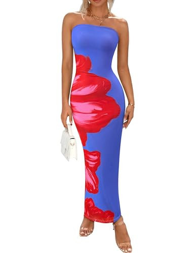 PRETTYGARDEN Women Summer Strapless Maxi Dress Bodycon Floral Sexy Long Wedding Guest Dress Formal Tube Mesh Cocktail Dresses(Sky Blue Red Floral,X-Small) | Amazon (US)