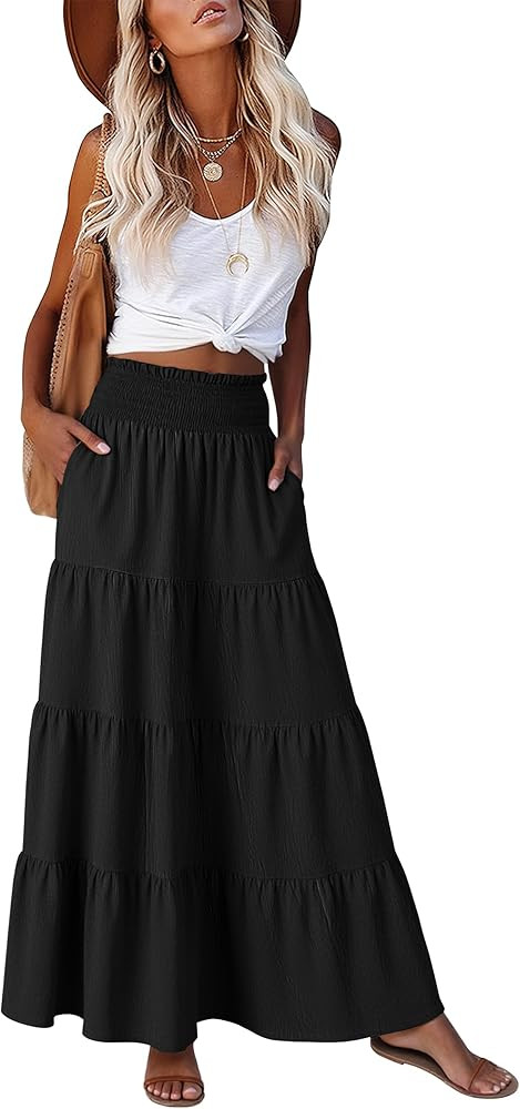 ANRABESS Womens Maxi Skirt Summer Boho Long Flowy Elastic High Waist A-Line Tiered Skirts 2026 Ca... | Amazon (US)